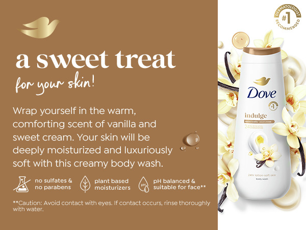 A bottle of Dove Warm Vanilla Body Wash surrounded by vanilla flowers, cream drops and gel. 