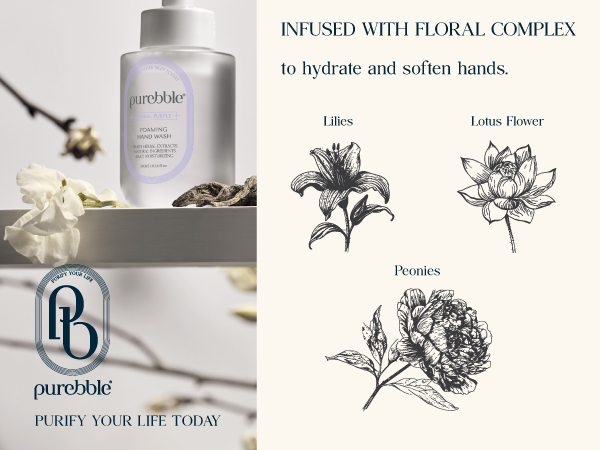 INFUSED WITH FLORAL COMPLEX to hydrate and soften hands. Lilies, Peonies, Lotus Flower
