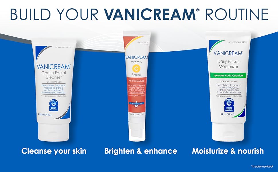 Vanicream gentle cleanser and moisturizer for sensitive skin, part of a daily skincare routine.