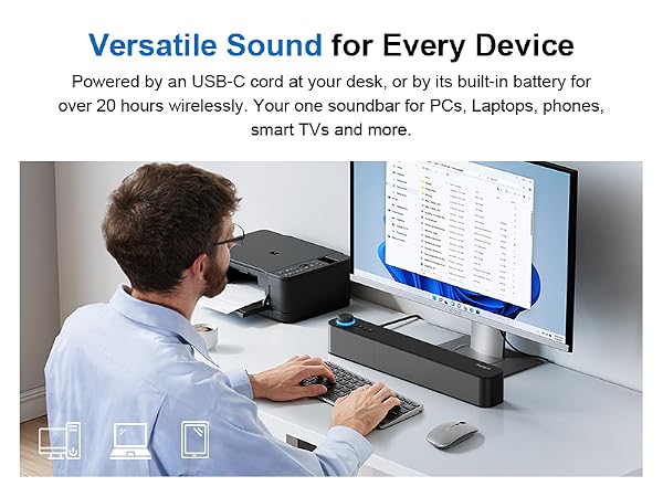 Text reads 'Versatile Sound for Every Device'. Person at desk using computer with text overlay describing USB-C audio capabilities.