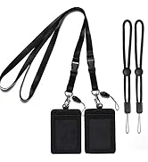 YOUOWO 2 Pack Badge Holders Leather+2 Pack Neck Lanyards Detachable Buckle Black Lanyard Strap fo...