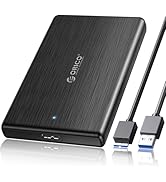 Text reads 'ORICO'. External hard drive enclosure with brushed black metal finish, featuring USB ports and connecting cables.