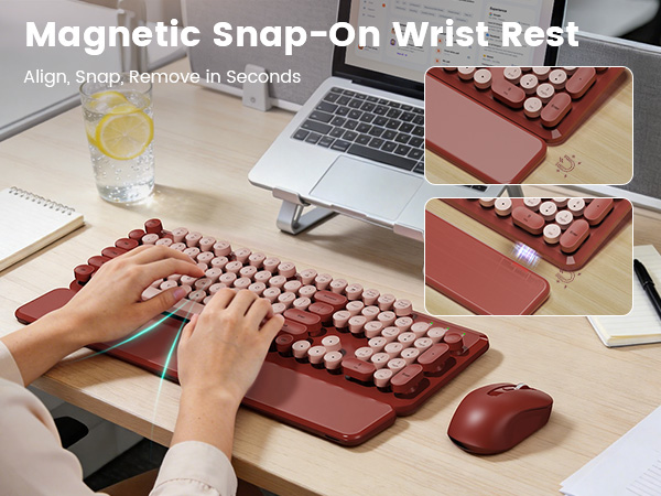 wireless keyboard with magnetic snap on wrist rest shown attaching and removing in seconds