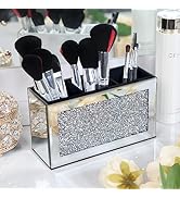 SHYFOY Mirrored Makeup Brush Holder Organizer, 3 Slot Glass Cosmetics Brushes Storage Holders wit...