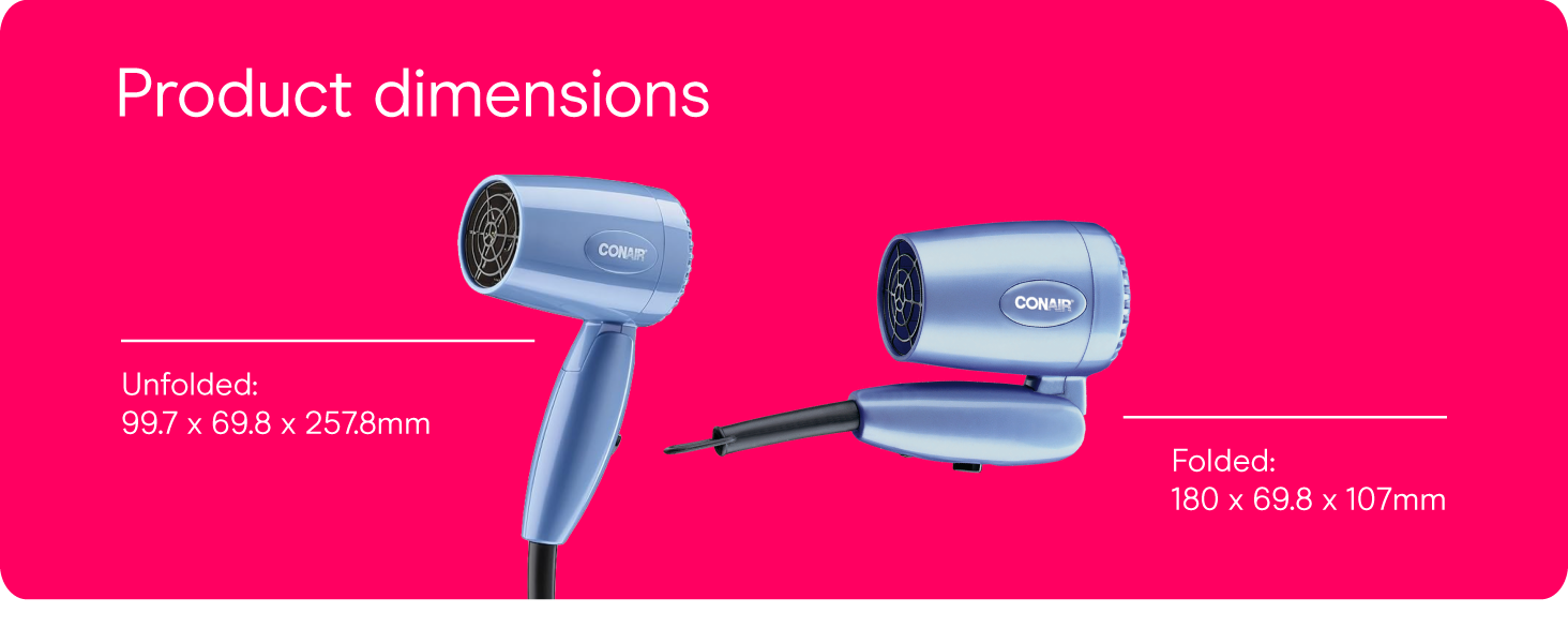 Conair small, mini, and compact hair dryer for travel. Handle folds for easy storage.