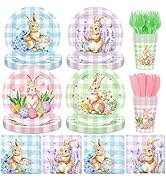 144Pcs Bunny Plates and Napkins - Colorful Gingham Spring Floral Rabbits Themed Dinnerware Set fo...
