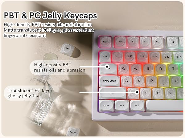 Premium PBT + PC 129-key keycaps, soft translucent finish