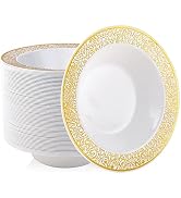 JOLLY PARTY 60 Disposable Gold Plastic Dessert Bowls, 12 oz Soup Bowls, Gold Lace Trim China Look...