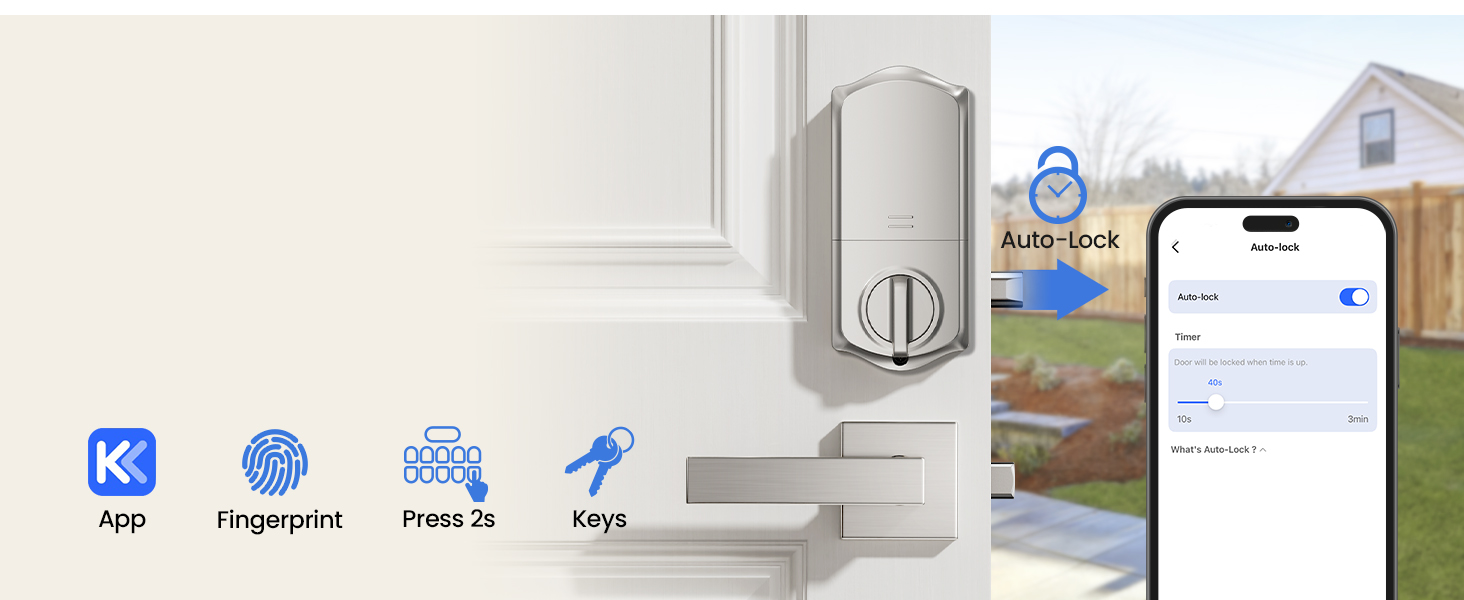 5 ways to lock: via app, fingerprint, one-touch lock, backup key, or auto-lock