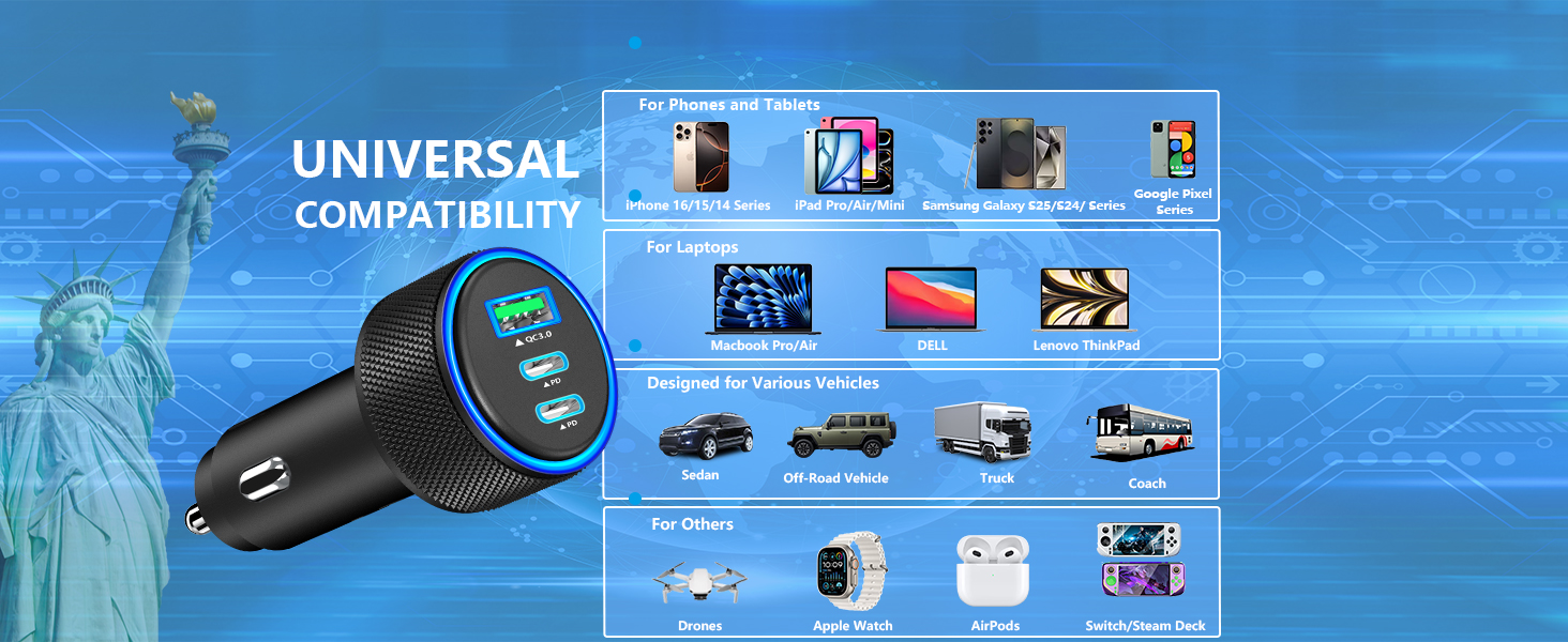 MFi Certified 3-Port 67W USB-C + USB-A Power Cigarette Lighter iPhone 16 Car Charger Fast Charging