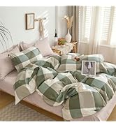 LEMIROE 100% Cotton Duvet Cover Queen Size 3PC - Classic Plaid Pattern with Olive &amp; Sage Green Ea...