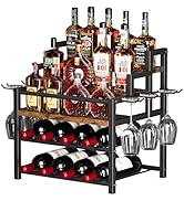 5-Tier Liquor Bottle Display Shelf, Holds up to 20 Bottles, Countertop Wine Racks with 6 Wine Gla...