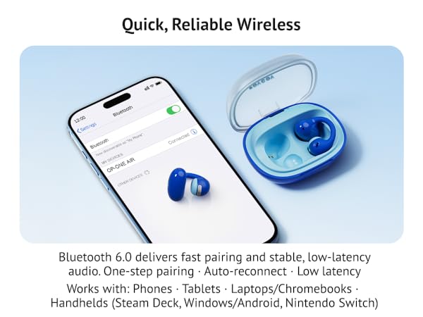 Bluetooth 6.0 features showing fast pairing with phone tablet and Switch.