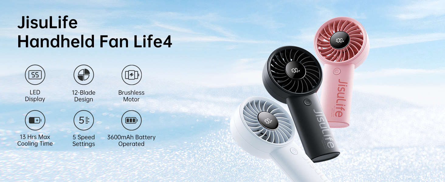 JisuLife handheld fan product showcase with feature icons, displaying portable fan in black color with LED display and multiple speed settings.
