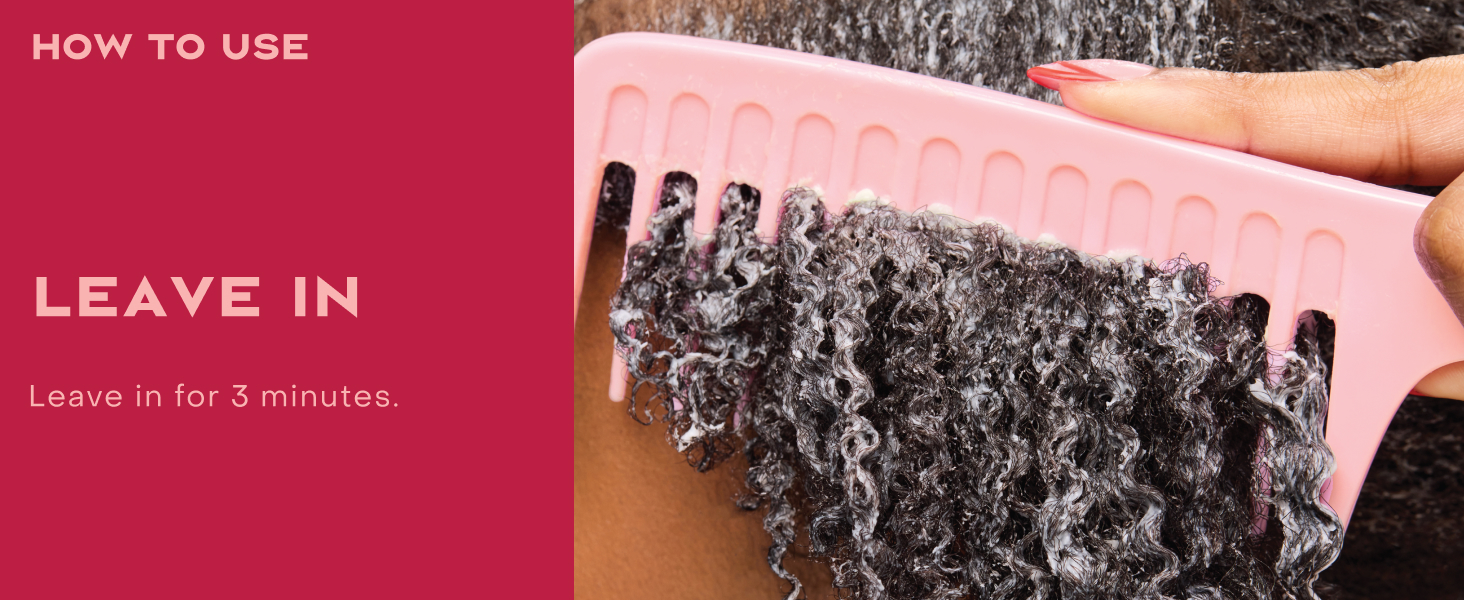 Image of a woman&amp;#39;s hand combing wet curly hair, next to leave on hair instructions.