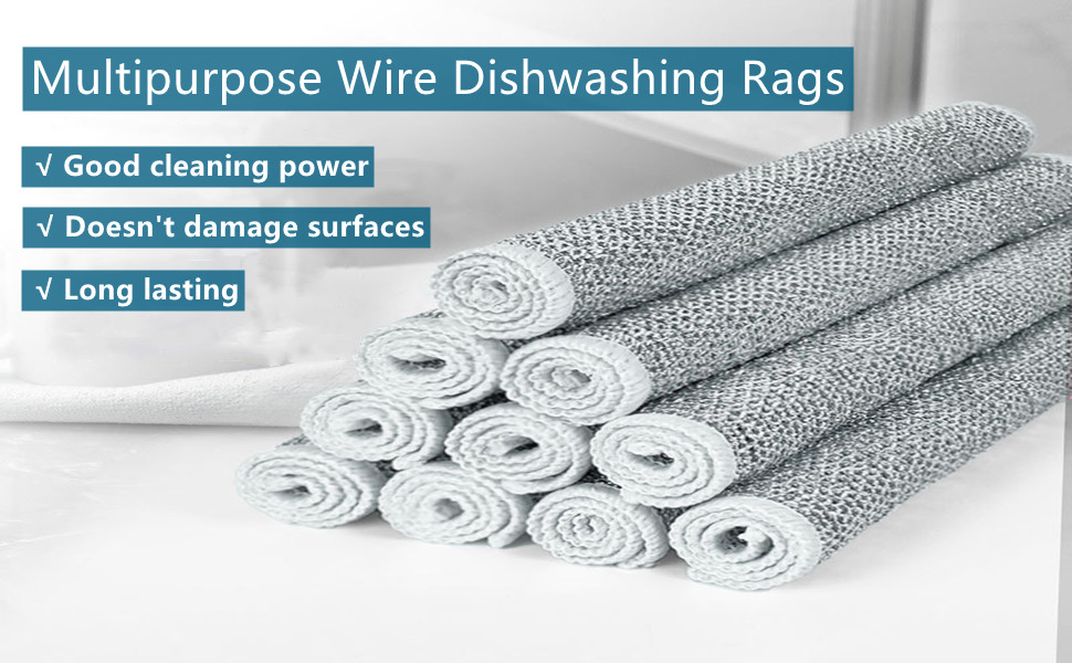 Multipurpose wire dishwashing rags rolled and stacked. Text highlights good cleaning power, surface-safe use, and long-lasting durability.
