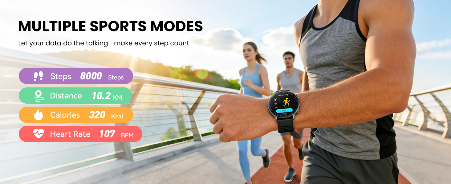 Text reads 'MULTIPLE SPORTS MODES'. Digital interface showing various exercise tracking modes and statistics on colorful display screens.