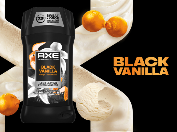 Black Vanilla Antiperspirant Stick on top of X-shape made of vanilla ice cream with oranges nearby.