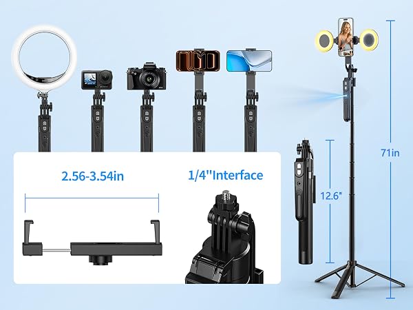 Text reads "2.56-3.54in" and "1/4"interface." Professional camera mounting equipment including five adjustable ball heads with varying sizes, camera mount adapter, black tripod base with ball joint, and extended tripod stand with dimensions marked.