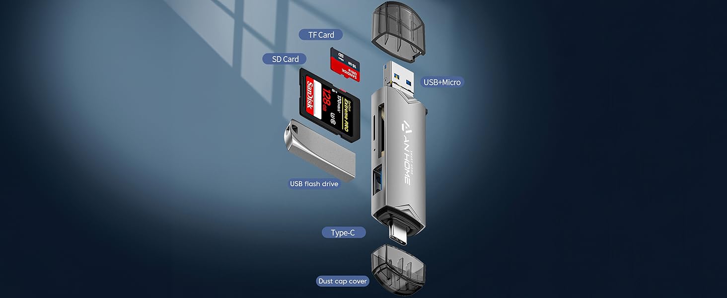 AnHome SD Card Reader, 6 in 1 OTG Connector USB 3.0/USB C/Micro USB Supports SD/Micro SD