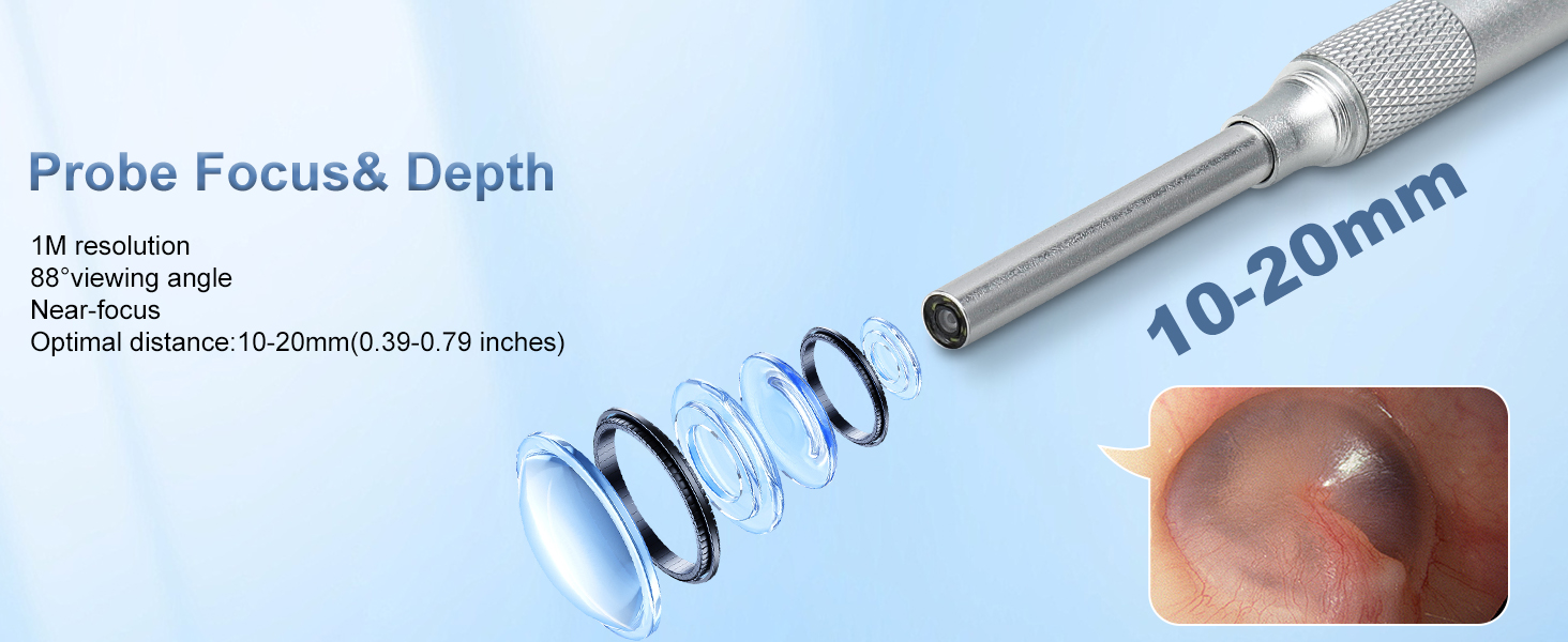 Ear camera probe with 10-20mm optimal focal distance and 88 degree view
