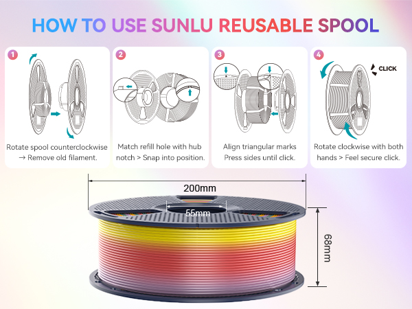 sunlu 3d printer filament rainbow silk filament color changing multicolored rainbow multi color