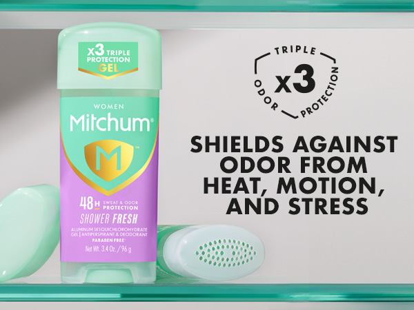 Triple Odor Protection shields against odor from heat, motion, and stress
