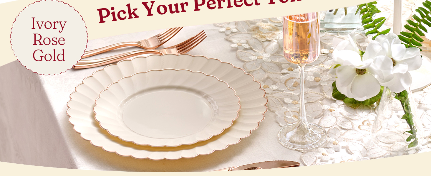 Ivory Scalloped Plastic Plates with Rose Gold Trim and matching cutlery on an upscale dinner table