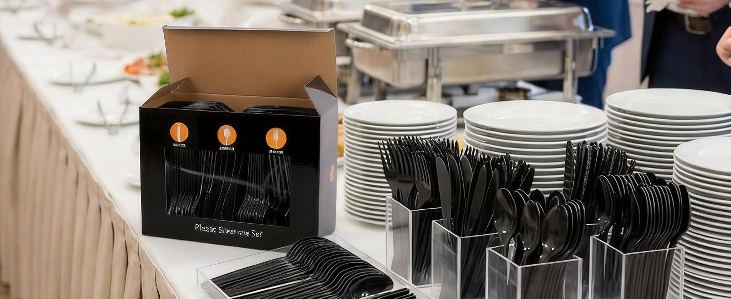 Large packs of disposable knives, forks and spoons used at large banquets