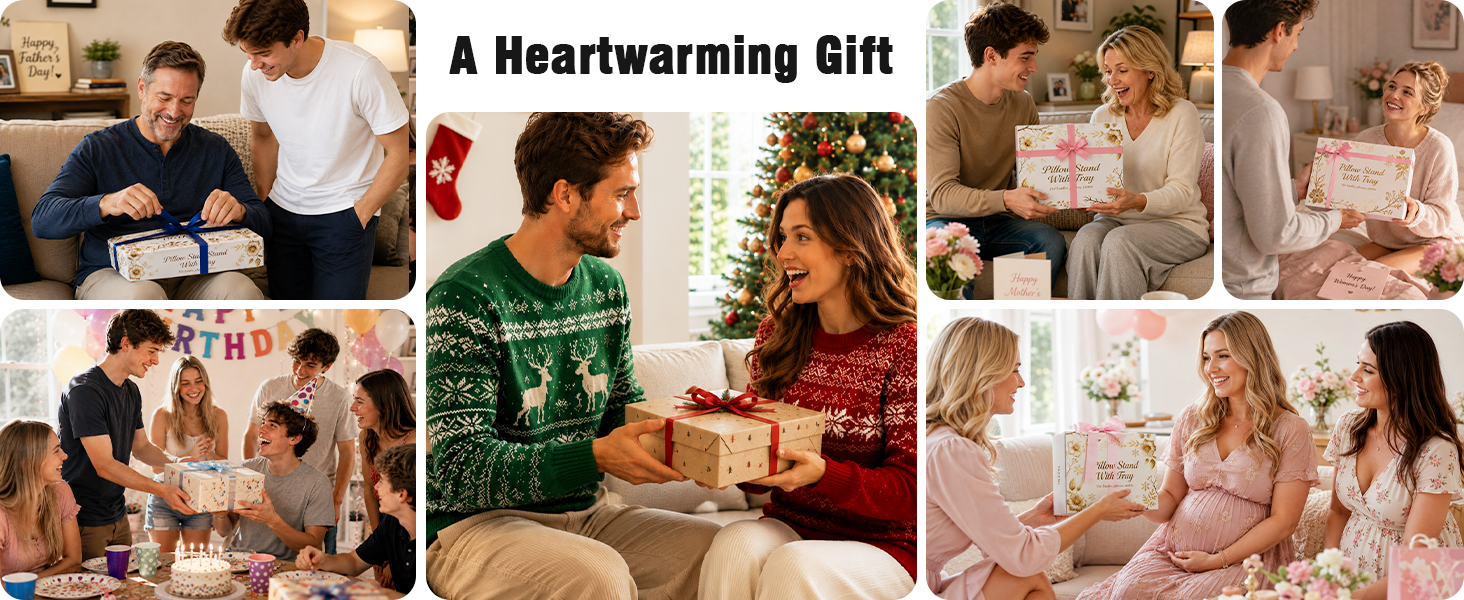 Text reads "A Heartwarming Gift". Composite showing multiple family scenes: people exchanging wrapped presents, gathering indoors, laughing together during holiday celebration moments.