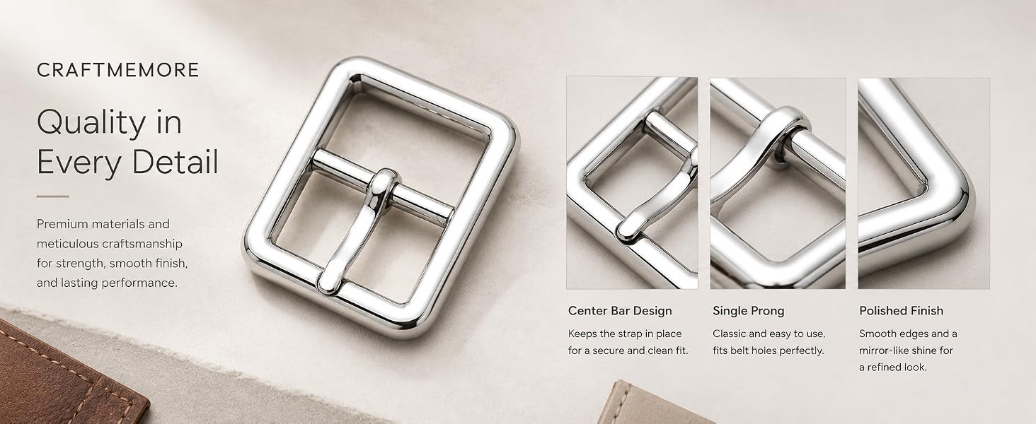 Close up of silver center bar buckle with single prong and polished finish