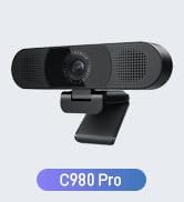 Black webcam device labeled 'C920 Pro' with wide-angle lens design and modern streamlined housing.