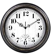 zyzamay 12 Inch Indoor Outdoor Clocks,Waterproof Wall Clock with Thermometer,Easy to Read,Non-Tic...