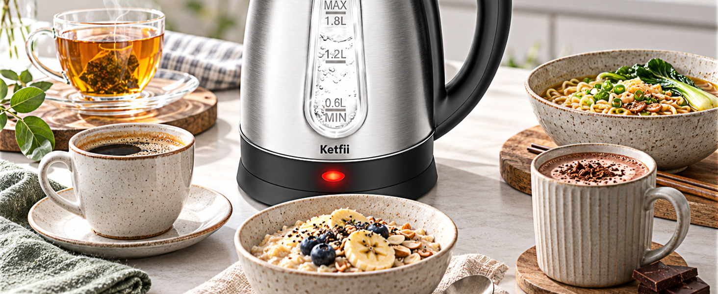 Ketfii Electric Kettle, 304 Stainless Steel with Water Window, 1100W