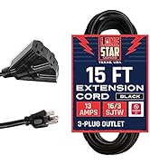 Lone Star 3 Outlet Outdoor Extension Cord 15 ft, 16/3 Weatherproof 15’ Black Extension Cord with ...