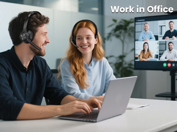 Text reads 'Work in Office'. Series of professional office workspace images showing people collaborating and working on laptops in modern office environment.