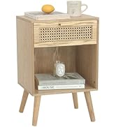 MaxSmeo Rattan Side Table, Small Bedside Tables Natural Wood Nightstand with Drawer and Open Shel...