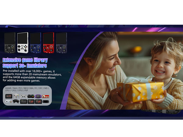 A mother giving a gift to her happy, smiling son, with R36MAX product features like extensive game