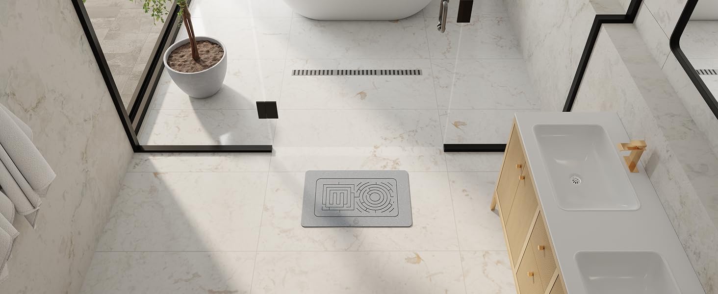 Using the absorbent stone mat as a protective, stylish tray for indoor plants and bathroom