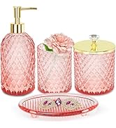 Haturi Pink Bathroom Accessories Set, 4 Pcs Glass Bathroom Accessory Set Complete w/Soap Dispense...