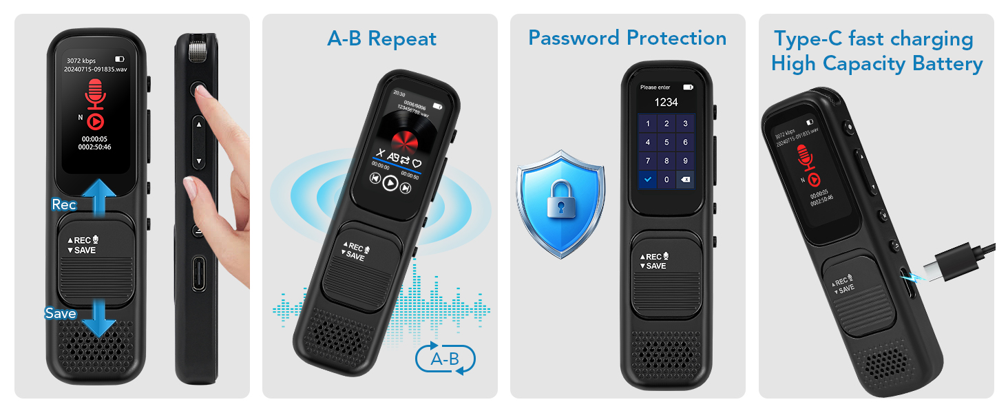 A-B repeat function and password protection keep important clips safe