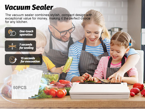 The vacuum sealer next to the fruit, yogurt, orange juice, and smoothie cups on the kitchen counter