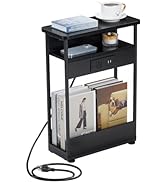 YEAKOO Narrow Side Table with Charging Station, 3-Tier End Table with 2 USB Ports &amp; Power Outlets...