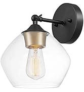 Globe Electric 51367 Harrow 1-Light Wall Sconce, Matte Black, Gold Accent Socket, Clear Glass Sha...