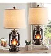 Farmhouse Lantern Table Lamps for Living Room Set of 2, Vintage Bedroom Resin Lamp with Dual USB ...