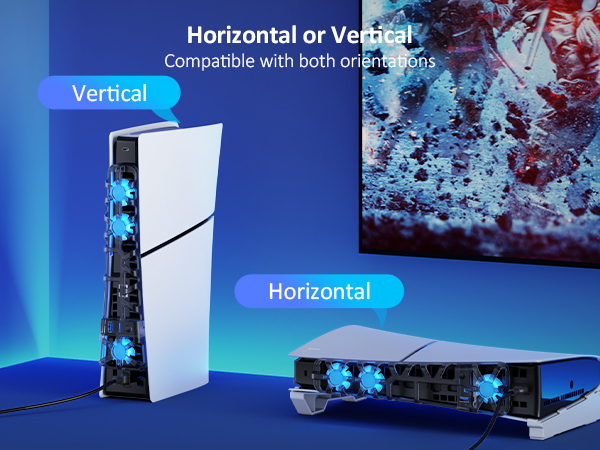 The cooling fan can be placed on the PS5 Slim whether it is positioned horizontally or vertically.