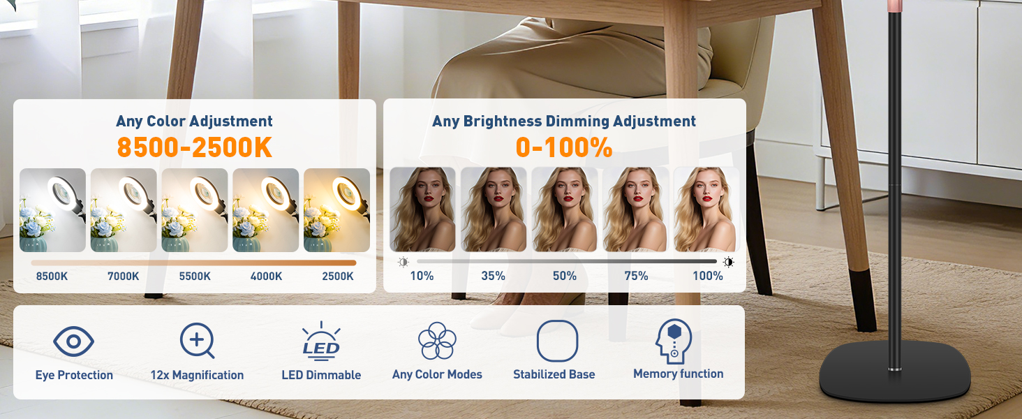 esthetician magnifying lamp with stand floor stepless rotary knob Dimming and color adjustment