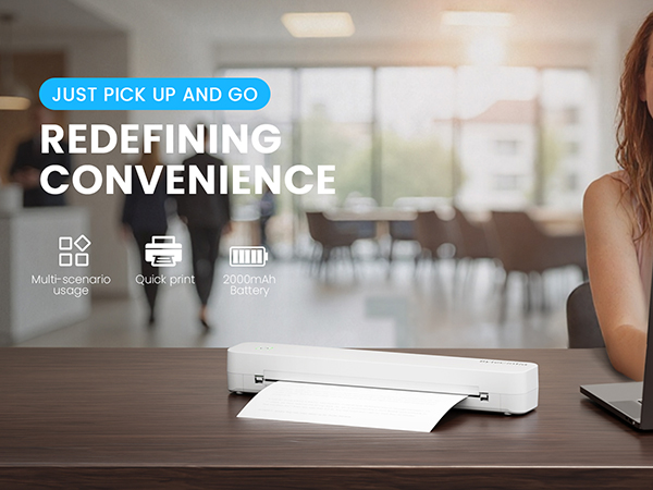 Text reads 'REDEFINING CONVENIENCE'. Modern office or workspace interior with laptop and desk setup, featuring clean minimalist design with natural lighting.