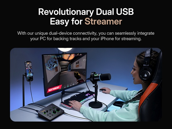 Game streamer playing PC game while live streaming via phone with Maono P2 dual USB audio interface