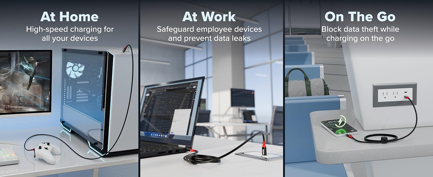 USB C charging cable used with PC, laptop, and phone in home, office, and airport settings